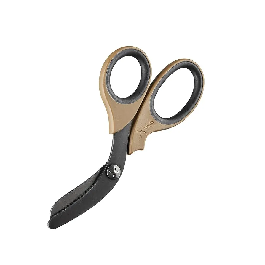 XSHEAR TIJERAS DE TRAUMA PARA TRABAJOS PESADOS DE 7.5 ", MANIJAS MARRONES COYOTE, ASAS RECUBIERTAS EN TITANIO NEGRO
